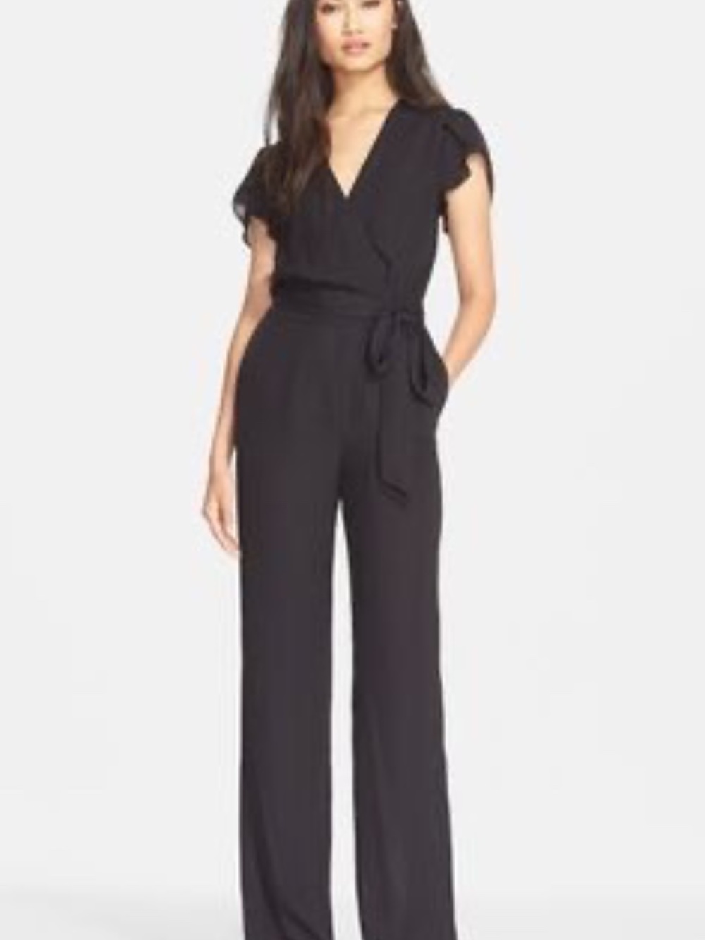 Diane Von Furstenberg Purdy Tie Waist Crepe Jumpsuit Black -Size 6